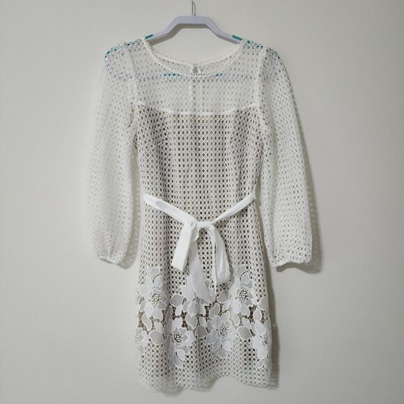 WHBM $200 Womens Guipure Lace Chemise Dress Size 6 Ecru Lined Tie-Belt Holiday - Picture 2 of 10